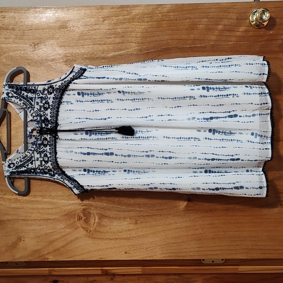 Knox Rose Dresses & Skirts - Knox Rose Boho Tie-Dye Chiffon Babydoll Dress Navy White Embroidered Tassels XXL